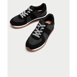Zara Trafaluc Black Suede Nylon Runner Sneakers Athletic Lace Up - Size 8.5‎
